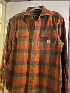 Carhartt Men’s Orange and Brown Plaid Work Shirt Jacket